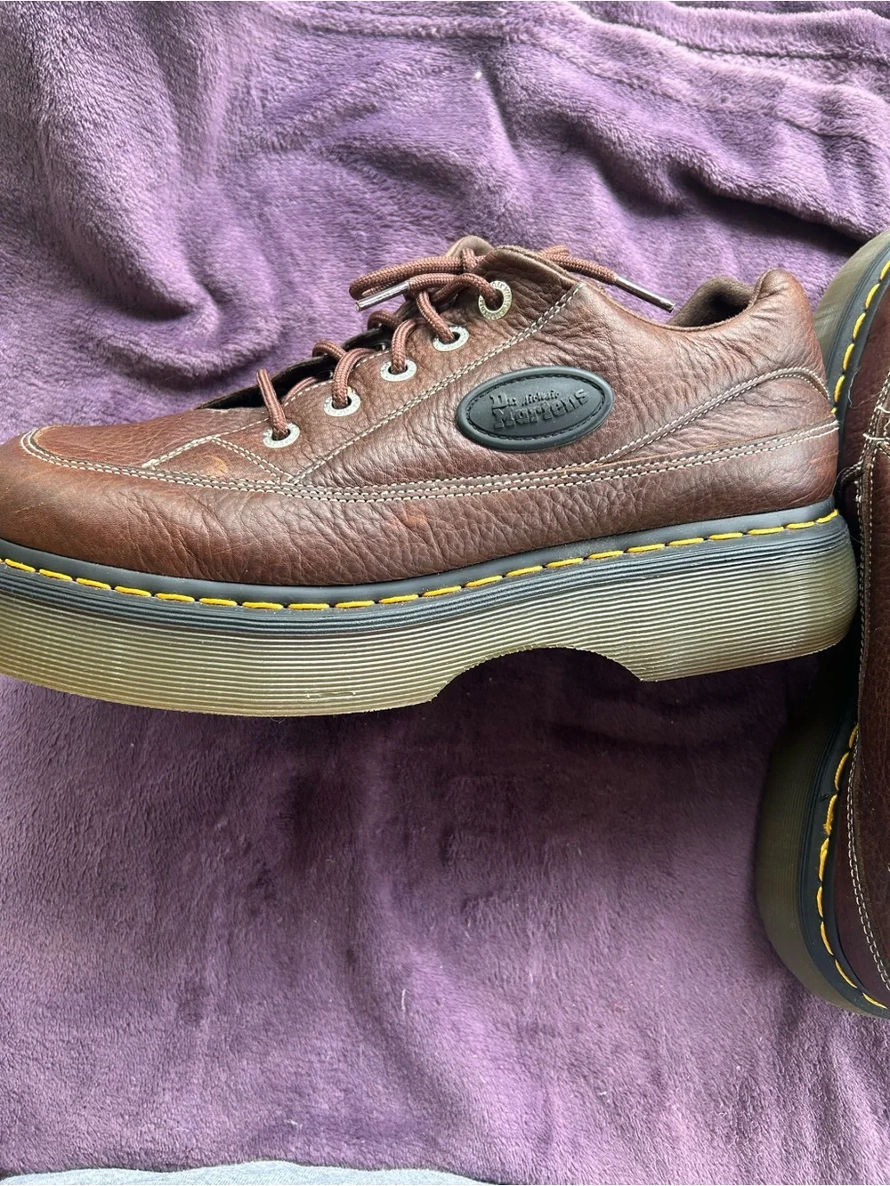 Dr. Martens Brown Leather Lace-Up Oxfords with Yellow Welt Stitching